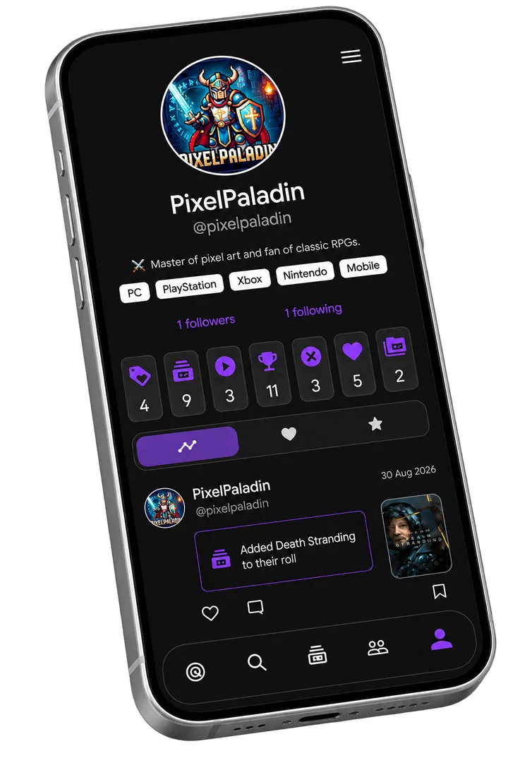 GameRoll profile screen showing platforms, stats, and roll activity